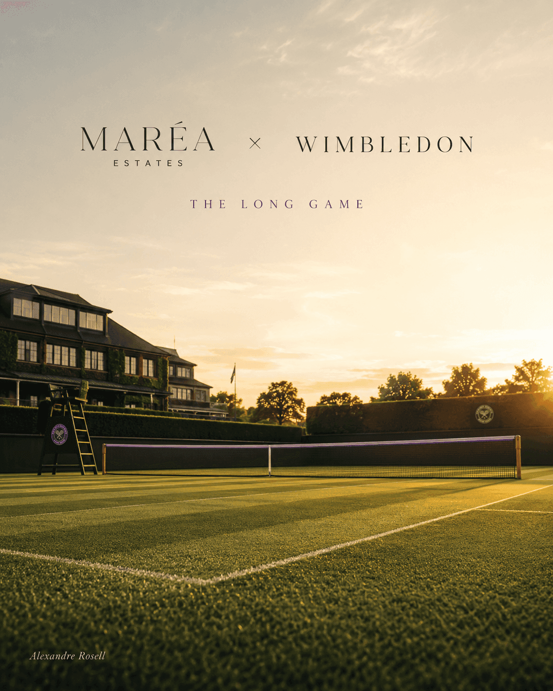 A Wimbledon grass court at golden hour, the show courts beyond, titled The Long Game for Maréa Estates.