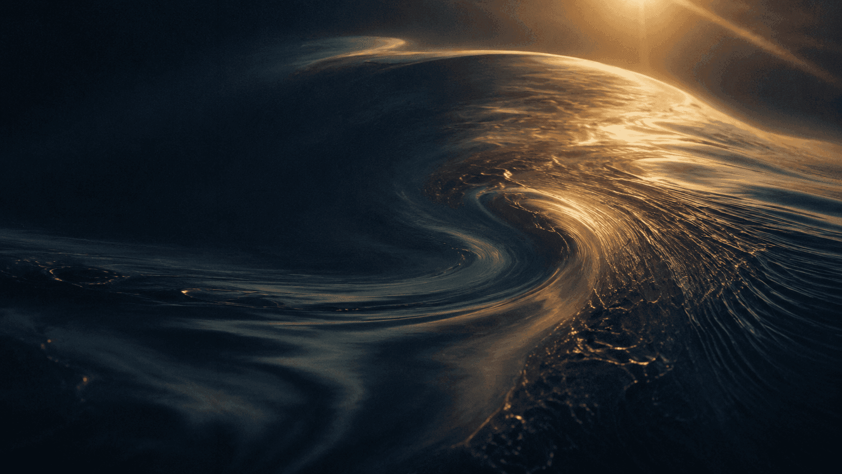 Dark water turning in a slow spiral, a single seam of golden light breaking across the surface.