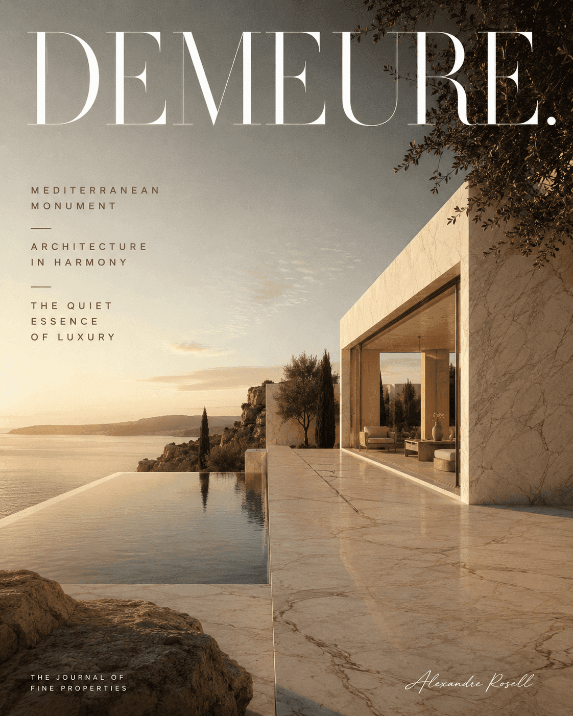 A marble cliffside residence above the Mediterranean at sunset, a journal cover reading Demeure.