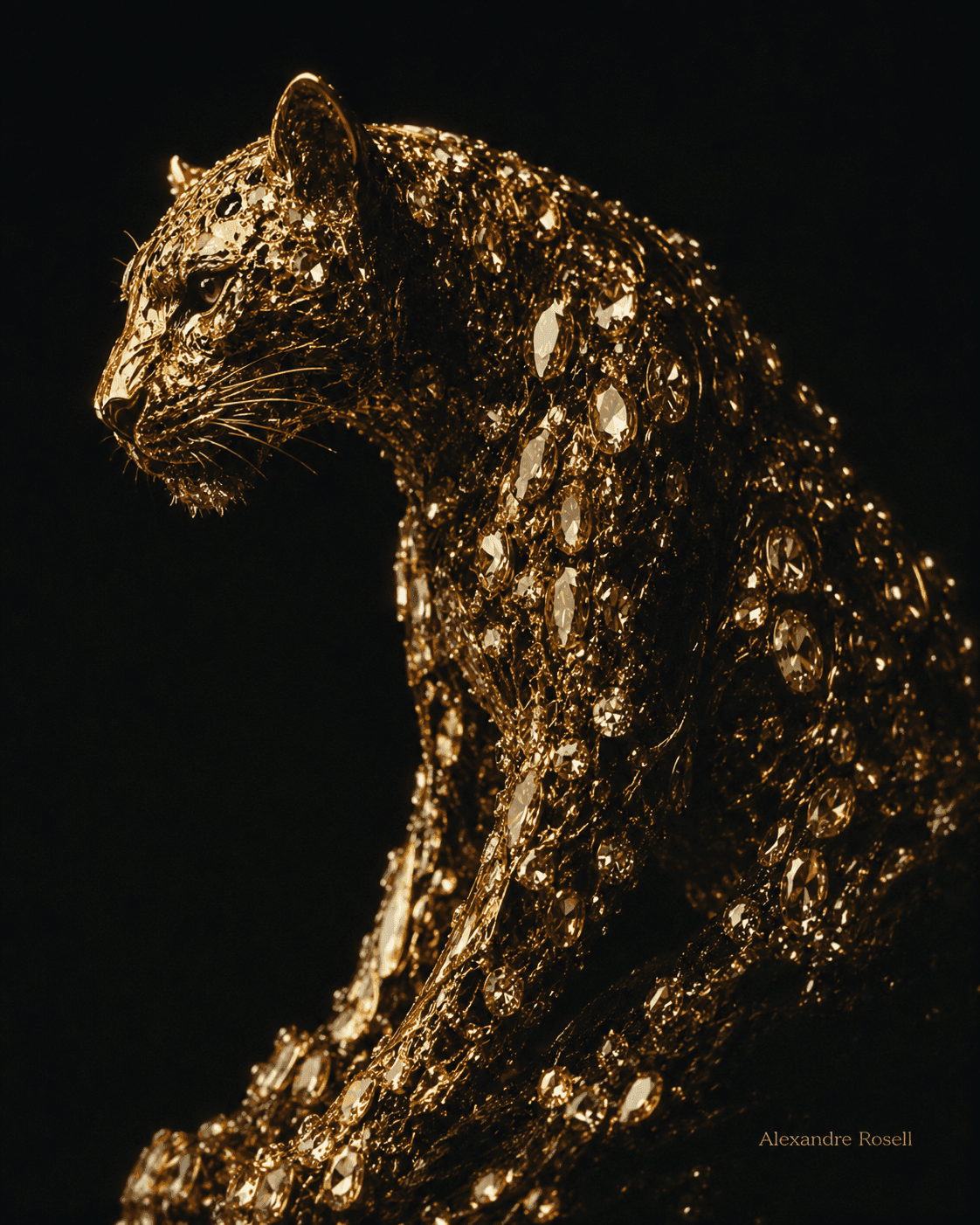 A panther modelled in gold and set with diamonds, caught in profile against black.