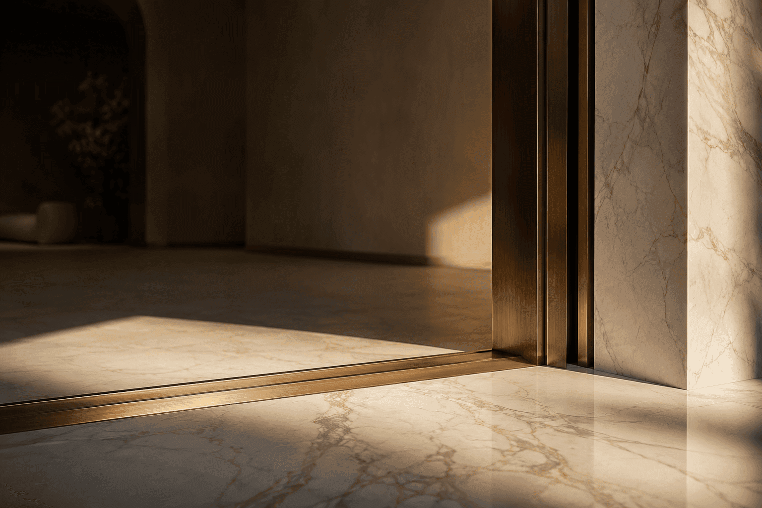 A brass threshold set into honey-veined marble, raked by late afternoon light.