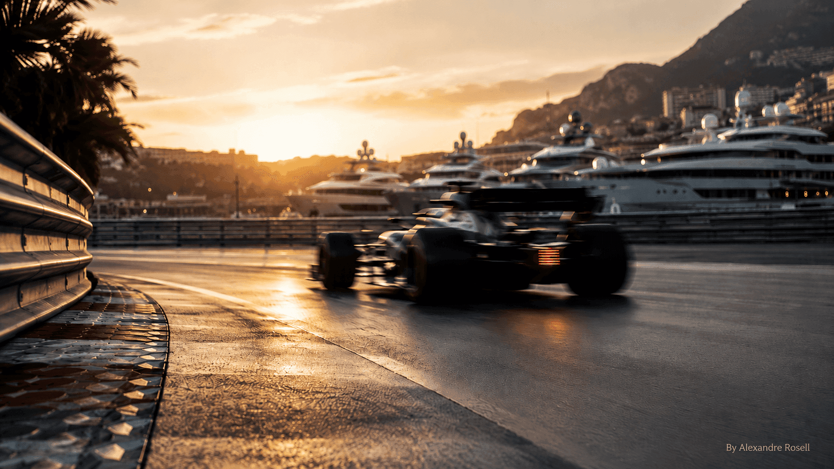 A racing car blurring through a harbour circuit at golden hour, moored yachts behind the barrier.