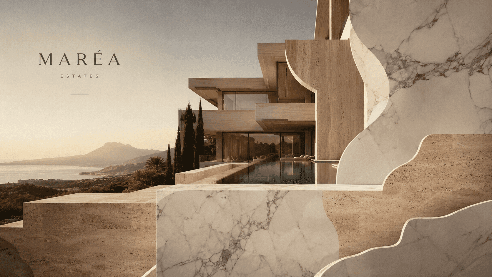A marble cliff villa above the coast at golden hour, an infinity pool drawn to the horizon, marked Maréa Estates.
